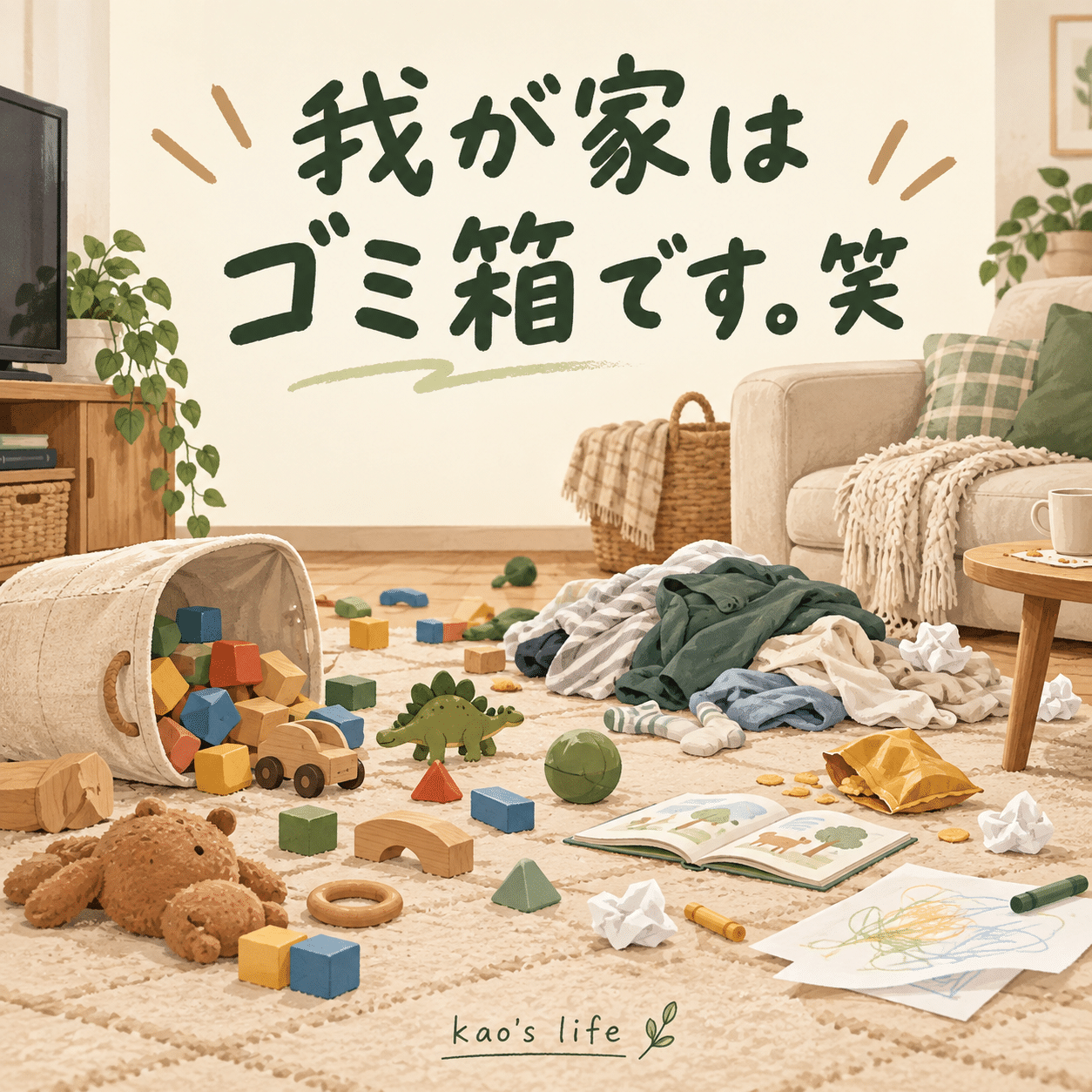 おもちゃや洗濯物、紙が散らかった子どもがいる家庭のリビング
