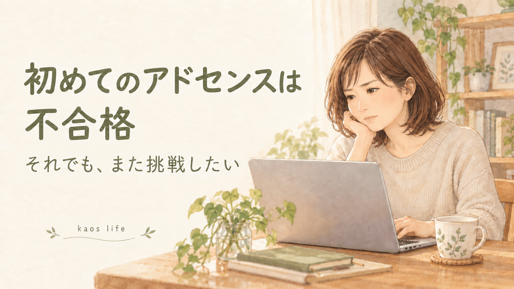 パソコンを見ながら考える女性のイラスト。「初めてのアドセンスは不合格。それでも、また挑戦したい」の文字入り。